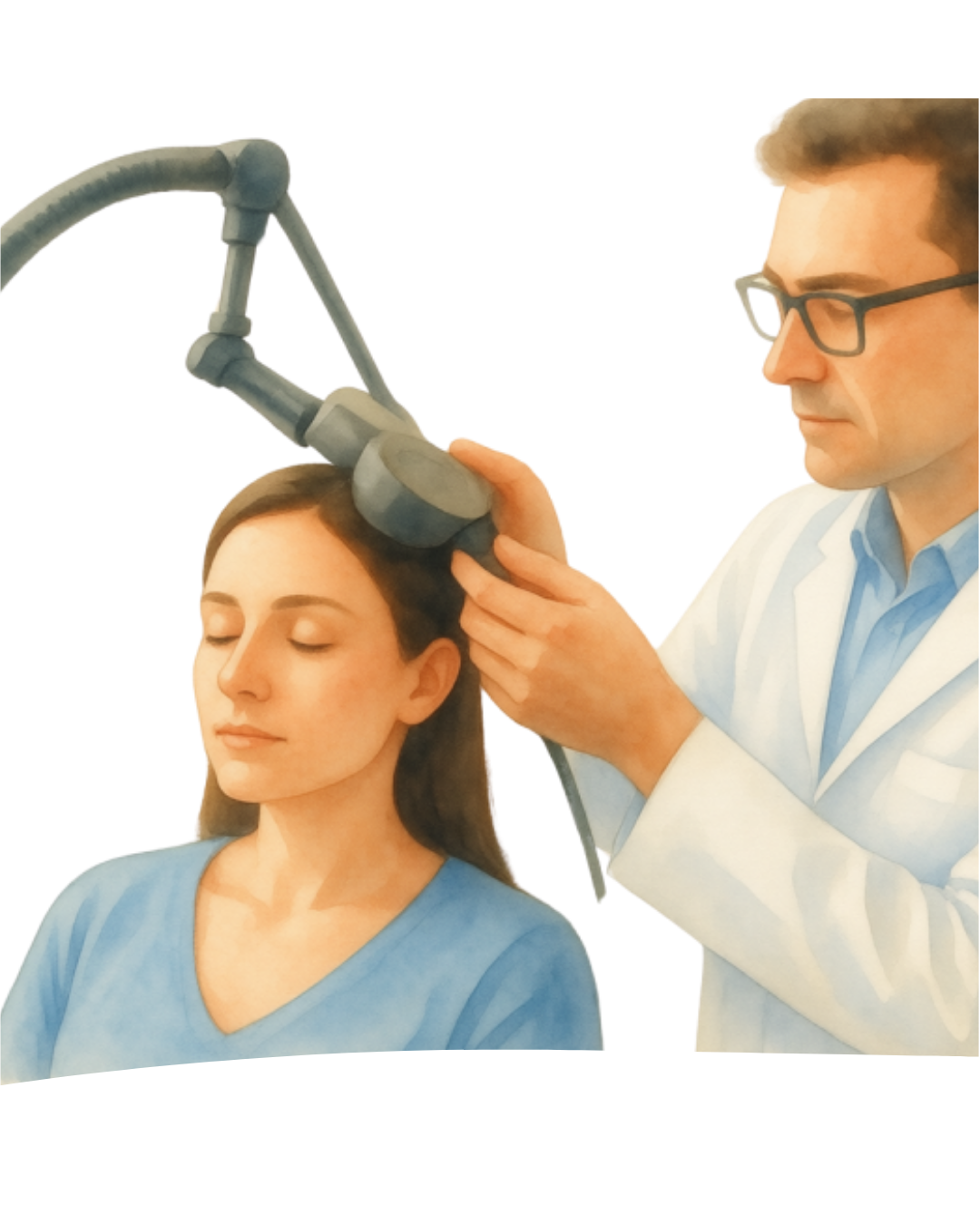 Clinician positioning the TMS magnetic coil on a relaxed patient